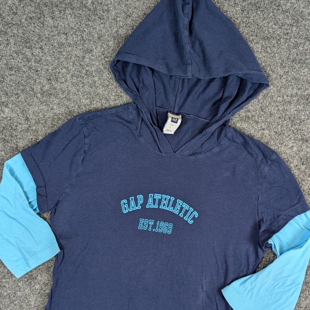 Vintage 06 Gap Athletic Est 1969 Kids Navy Blue Layered Look Hoodie Shirt 396266
